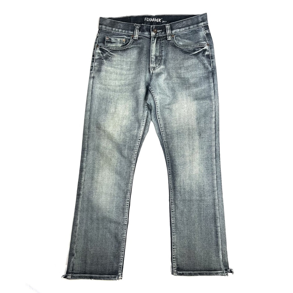 Flypaper Mens W30xL30 Straight Leg Distressed Faded Denim Jeans Blue Embroidered